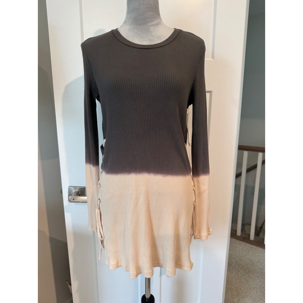 Onetheland Boho Grunge Long Sleeve Ribbed Ombre Tunic Top Lace Up Large NWT